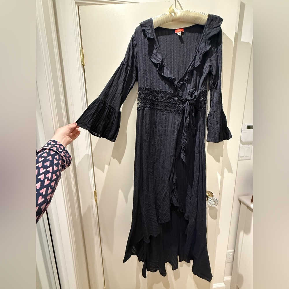 NU Resort Black Ruffled Wrap Maxi Dress with Mesh Beaded Waistline & Tie Waist - Picture 2 of 7